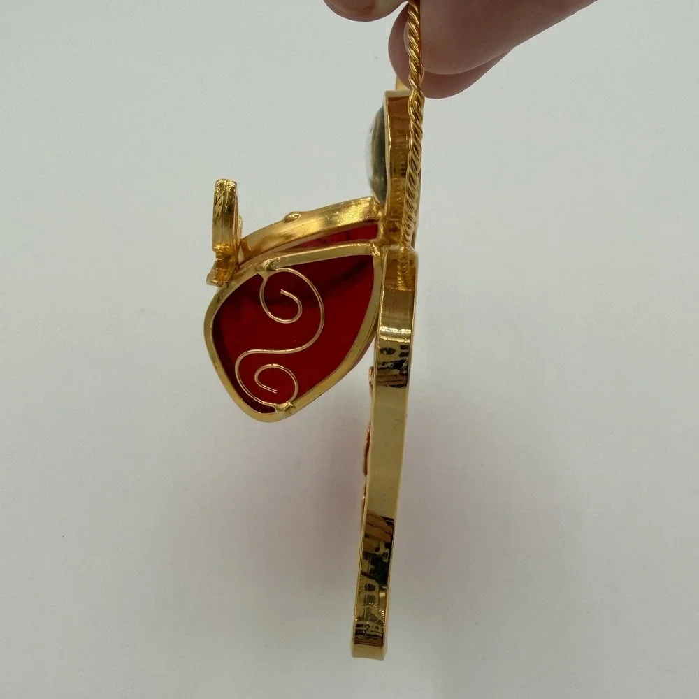 Vintage Red Angel Gold Tone Stained Glass Sun Catcher Winged Holiday‎ Decor